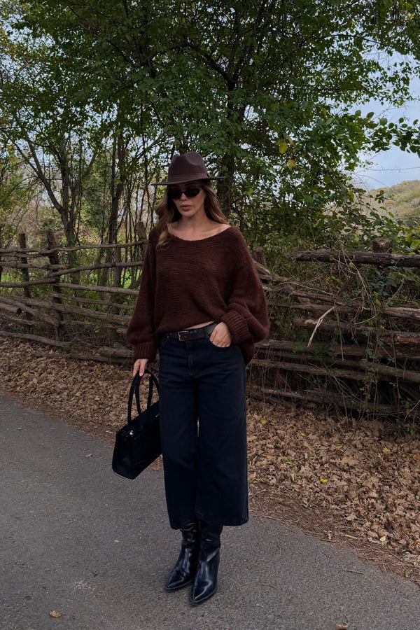 Kahverengi Kayık Yaka Kazak - 4338