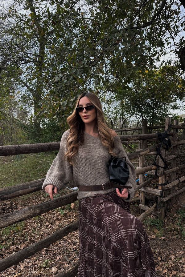 Kahverengi Kare Desenli Asimetrik Etek - 2210