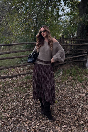 Kahverengi Kare Desenli Asimetrik Etek - 2210