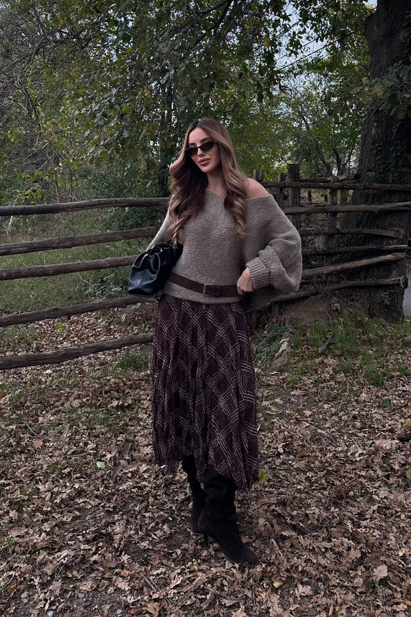 Kahverengi Kare Desenli Asimetrik Etek - 2210