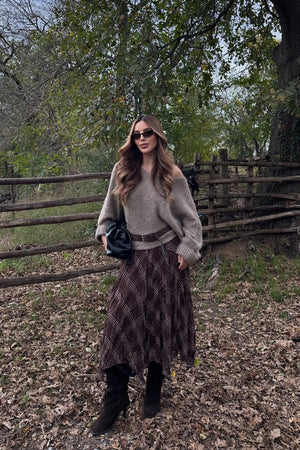 Kahverengi Kare Desenli Asimetrik Etek - 2210