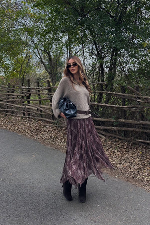 Kahverengi Kare Desenli Asimetrik Etek - 2210