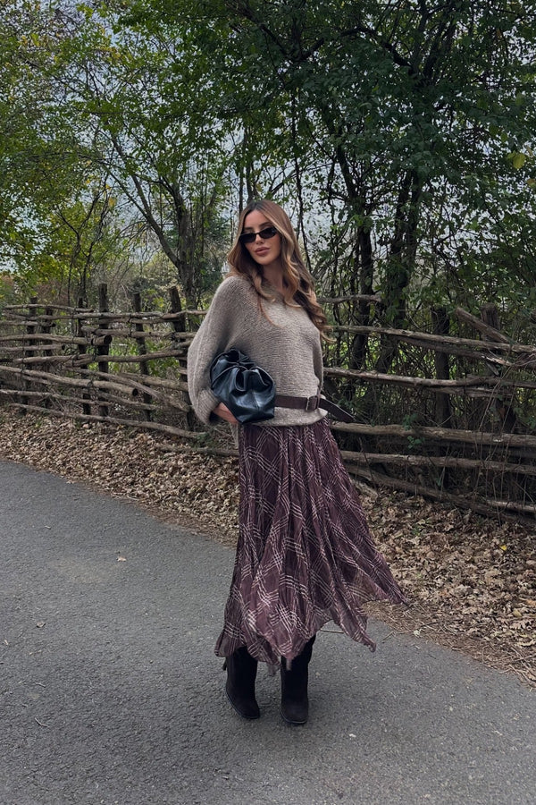 Kahverengi Kare Desenli Asimetrik Etek - 2210