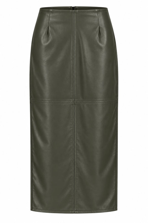 Haki Yırtmaçlı Maxi Deri Etek - 0029
