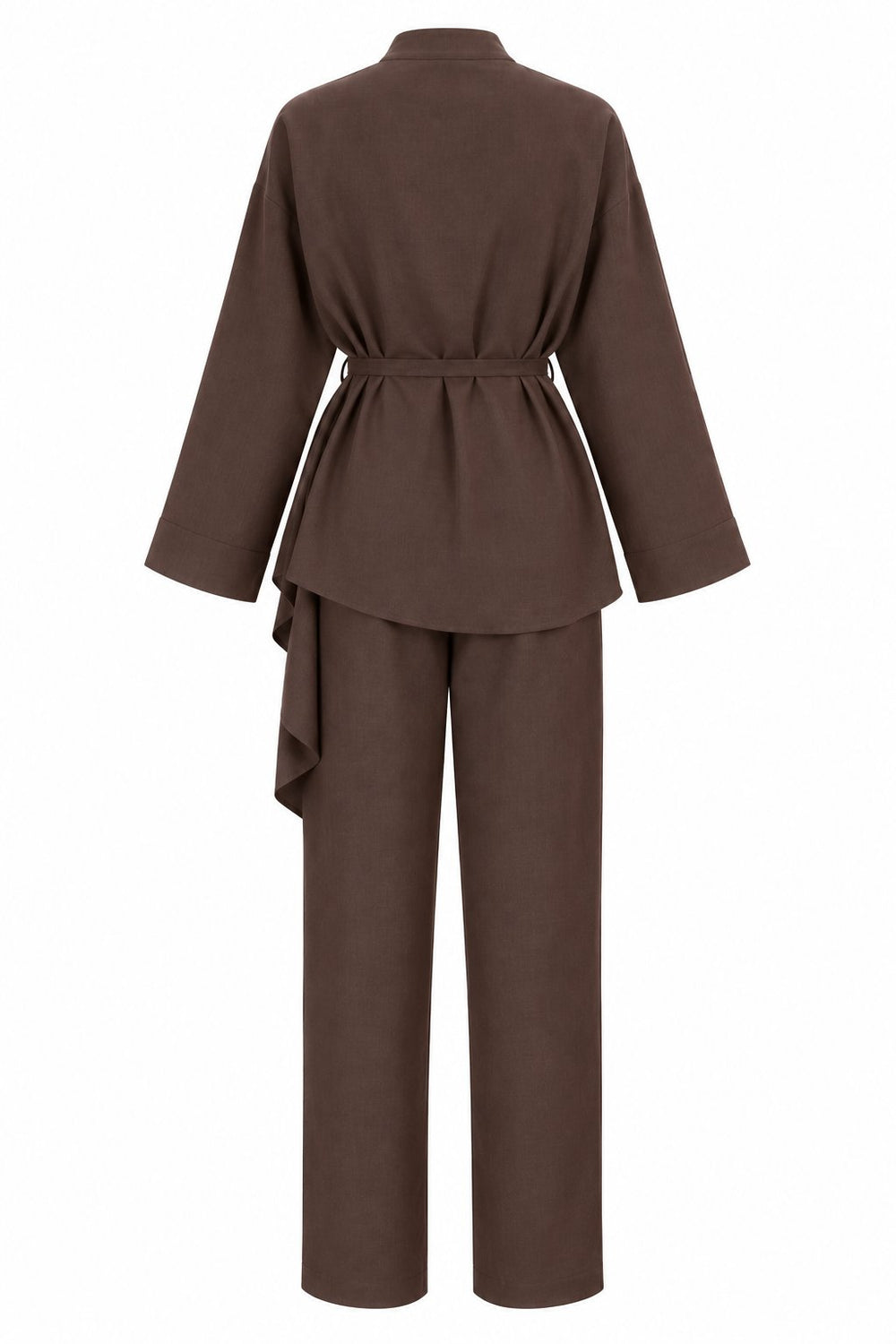Kahverengi Volanlı İnce Kemerli Kimono Takım - 8739