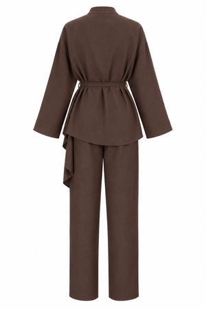 Kahverengi Volanlı İnce Kemerli Kimono Takım - 8739