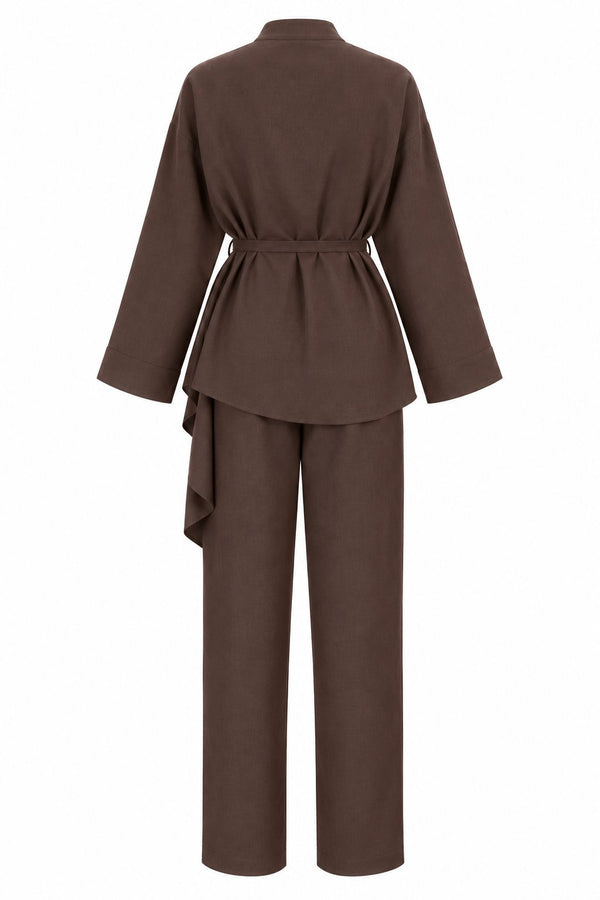 Kahverengi Volanlı İnce Kemerli Kimono Takım - 8739