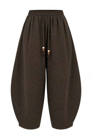 Olive - Kahve Ekoseli Barrel Pantolon - 51473