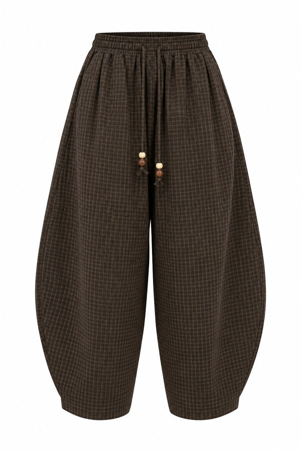 Olive - Kahve Ekoseli Barrel Pantolon - 51473