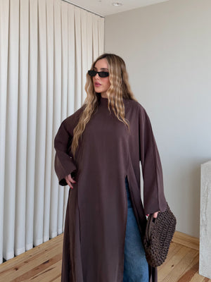 Kahverengi Yırtmaçlı Uzun Tunik - 8515