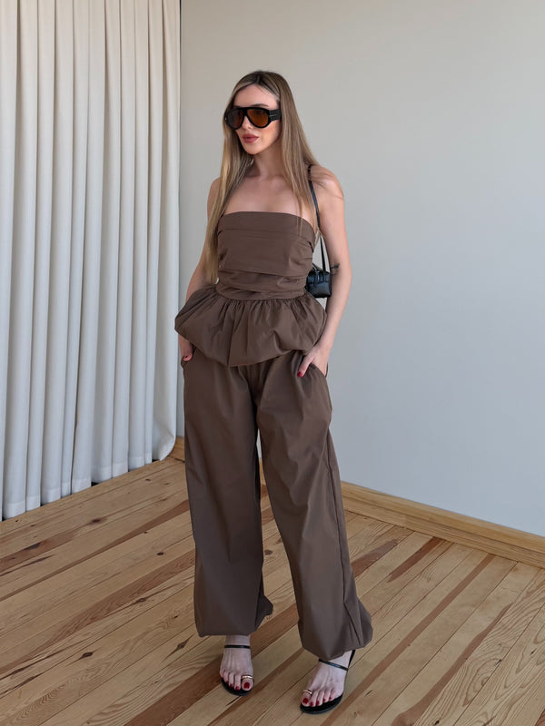 Kahverengi Balon Bluz Pantolon Takım - 7334