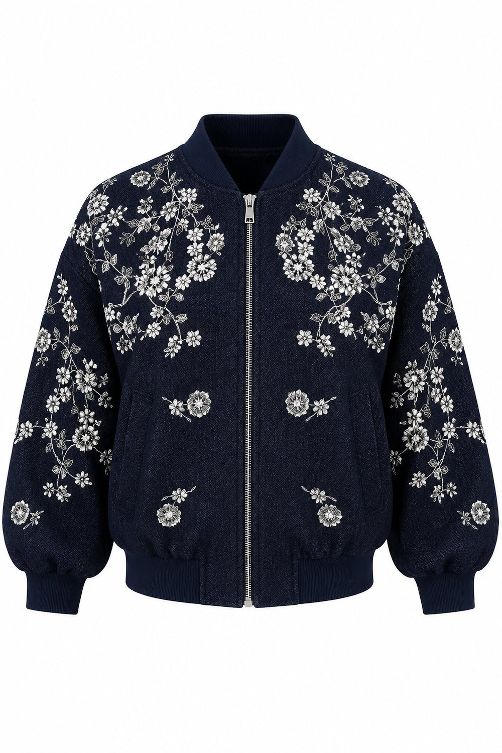 Lacivert Gümüş İşlemeli Bomber Denim Ceket - 99947