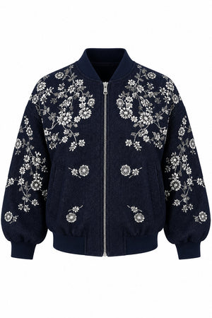 Lacivert Gümüş İşlemeli Bomber Denim Ceket - 99947