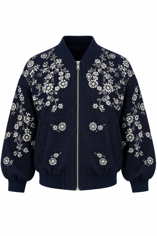 Lacivert Gümüş İşlemeli Bomber Denim Ceket - 99947