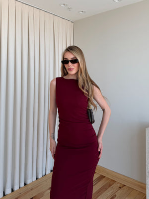 Bordo Drapeli Midi Elbise - 0506