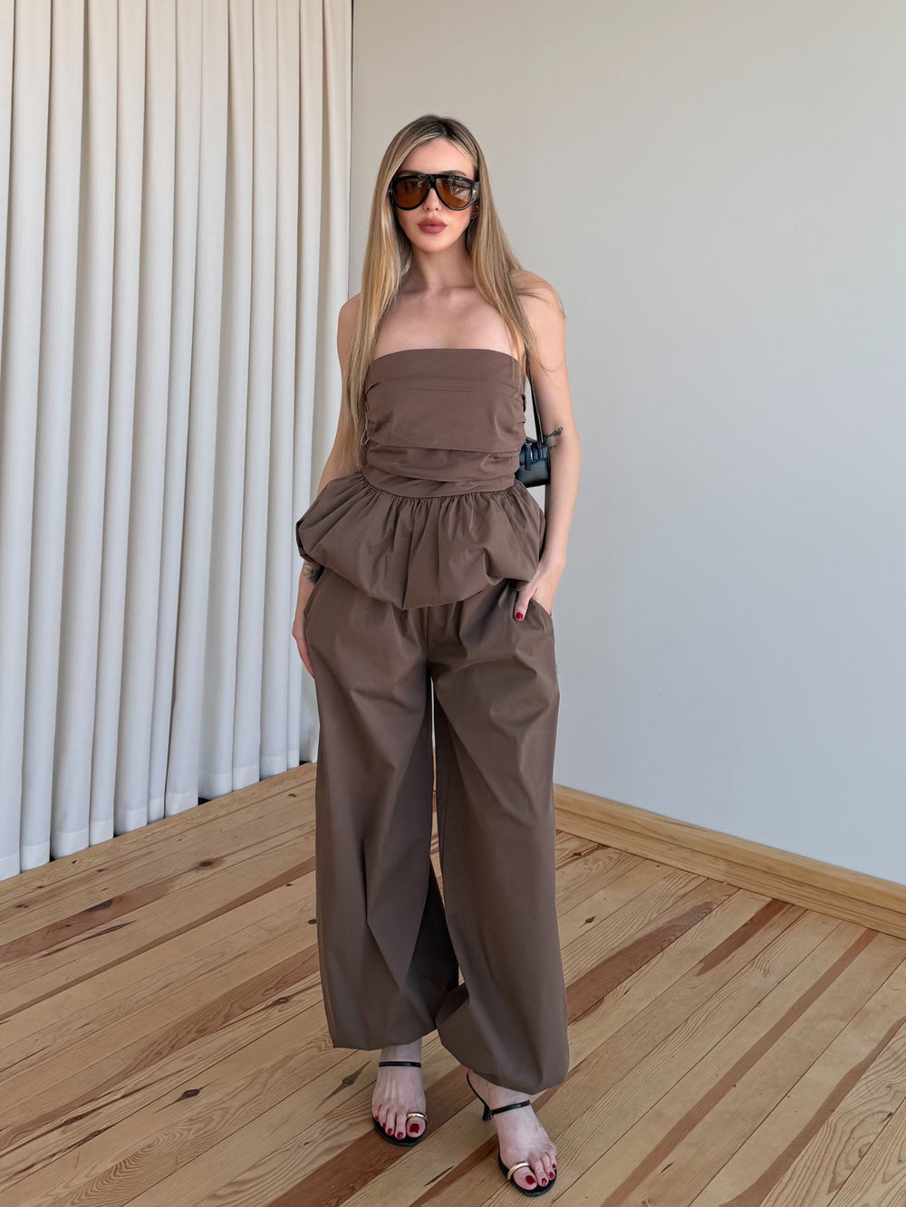 Kahverengi Balon Bluz Pantolon Takım - 7334