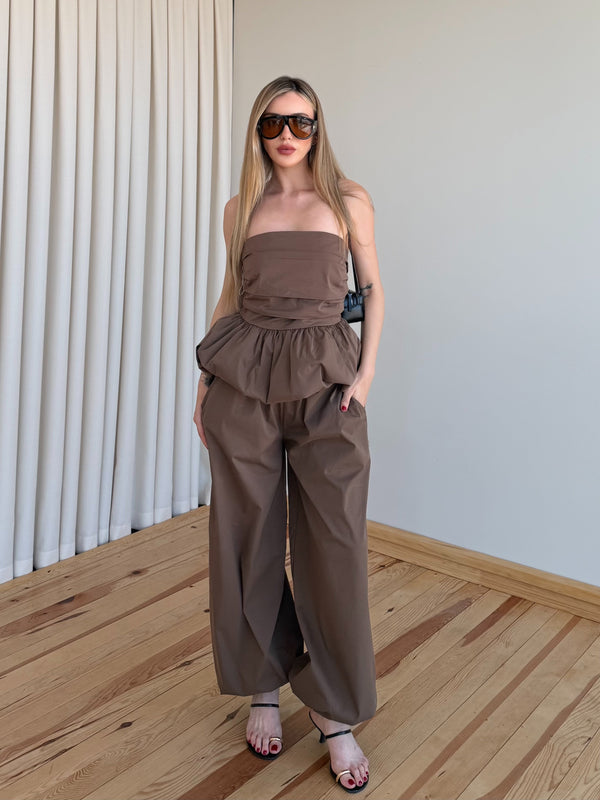 Kahverengi Balon Bluz Pantolon Takım - 7334