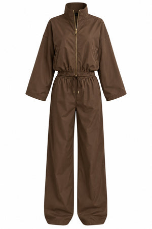 Kahverengi Bomber Saten Ceket Pantolon İkili Takım - 2y9663 - 51229