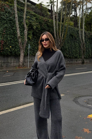 Asimetrik Yaka Bağlamalı Triko Takım - 25814