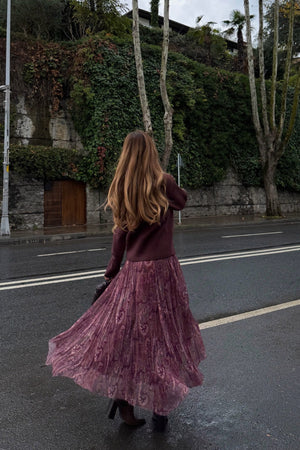 Bordo Etnik Desenli Şifon Etek - 251102