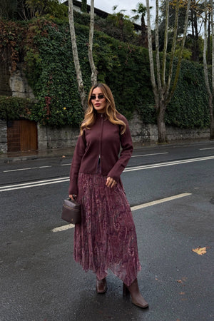 Bordo Etnik Desenli Şifon Etek - 251102