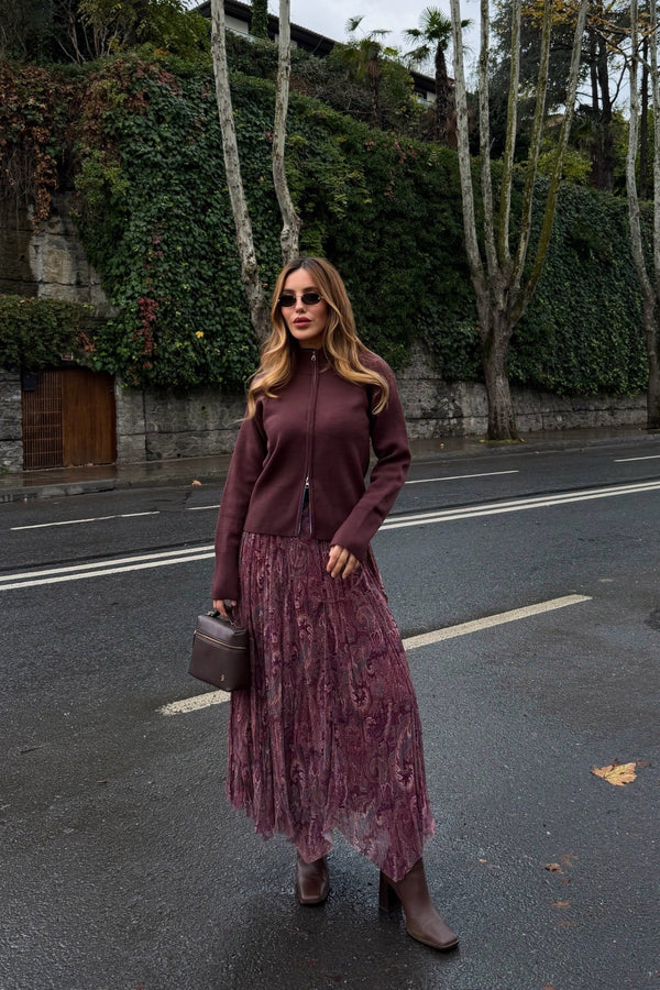 Bordo Etnik Desenli Şifon Etek - 251102