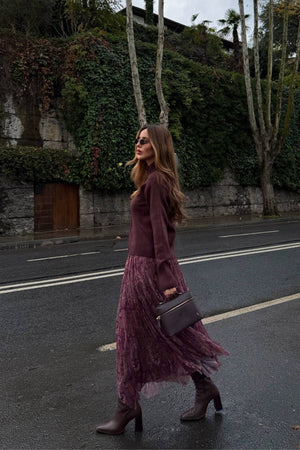 Bordo Etnik Desenli Şifon Etek - 251102