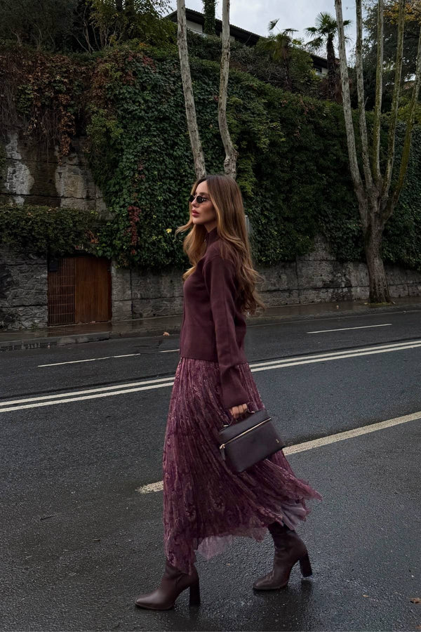 Bordo Etnik Desenli Şifon Etek - 251102