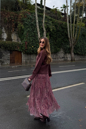 Bordo Etnik Desenli Şifon Etek - 251102