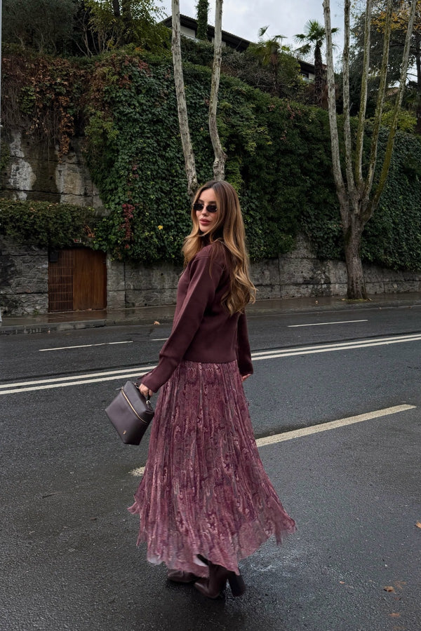 Bordo Etnik Desenli Şifon Etek - 251102