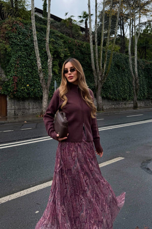 Bordo Etnik Desenli Şifon Etek - 251102