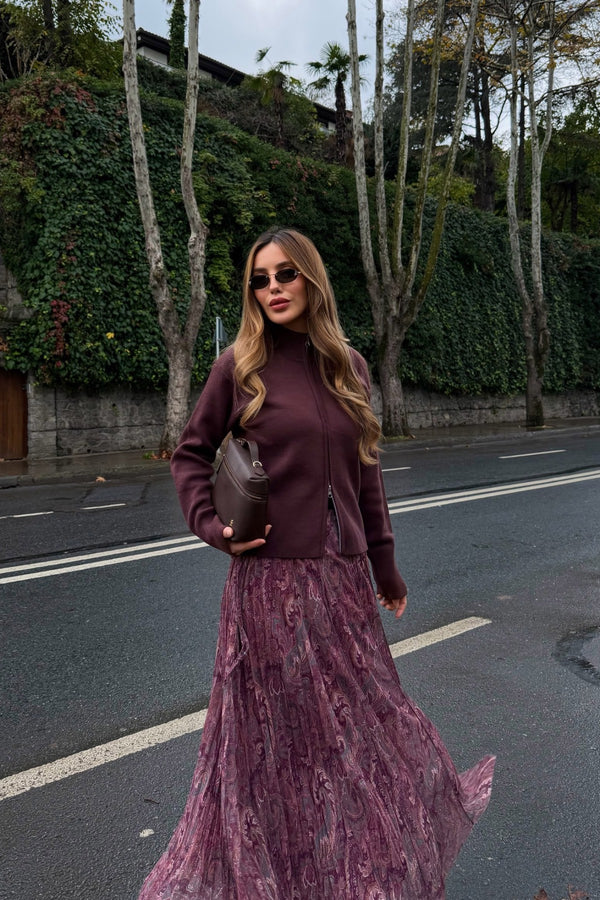 Bordo Etnik Desenli Şifon Etek - 251102