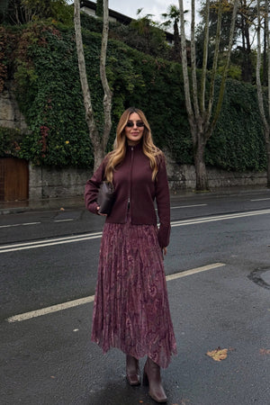 Bordo Etnik Desenli Şifon Etek - 251102