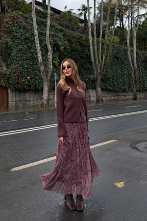 Bordo Etnik Desenli Şifon Etek - 251102