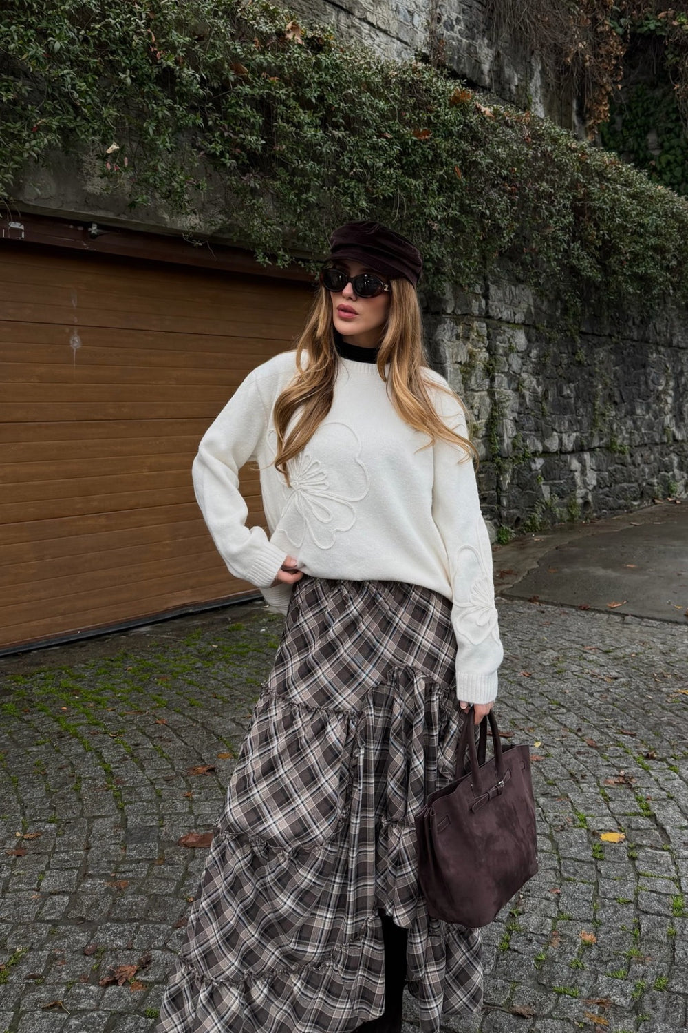 Kahverengi Katlı Ekose Etek - 2213