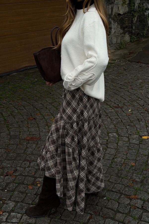 Kahverengi Katlı Ekose Etek - 2213