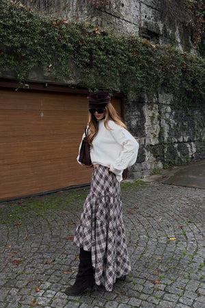 Kahverengi Katlı Ekose Etek - 2213