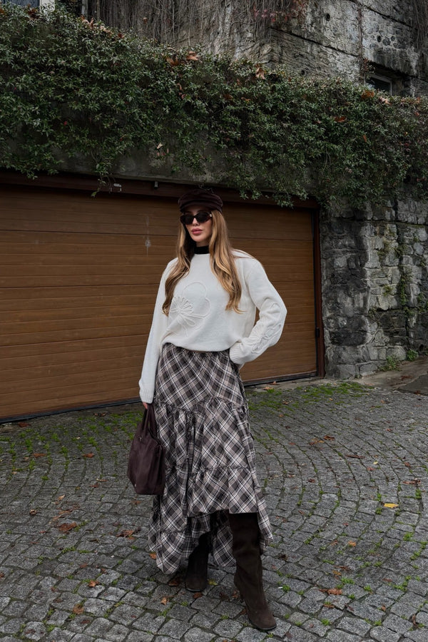 Kahverengi Katlı Ekose Etek - 2213