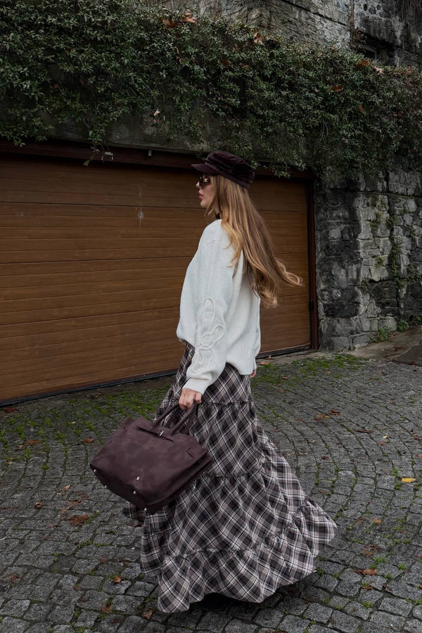 Kahverengi Katlı Ekose Etek - 2213