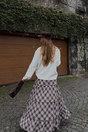 Kahverengi Katlı Ekose Etek - 2213