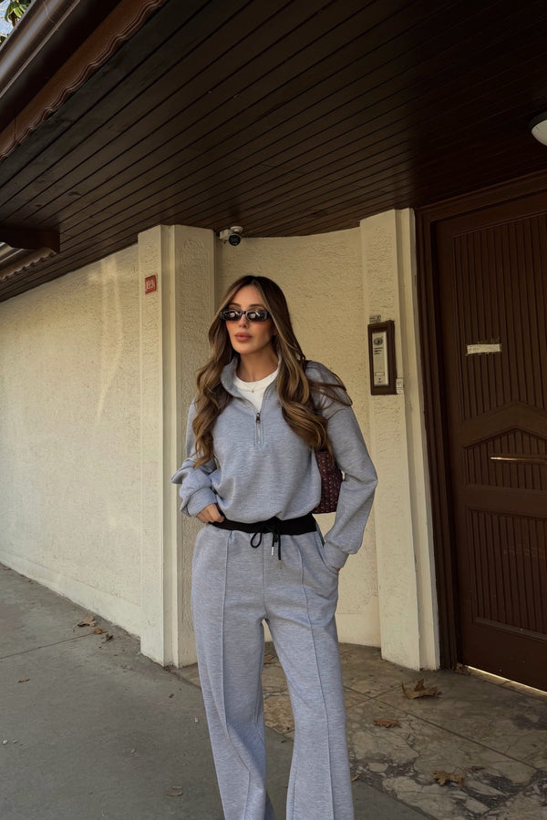 Gri Tshirt Detaylı Beli Lastikli Eşofman Takımı - 0740