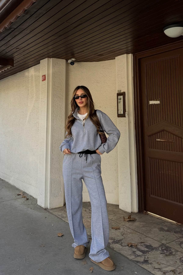 Gri Tshirt Detaylı Beli Lastikli Eşofman Takımı - 0740