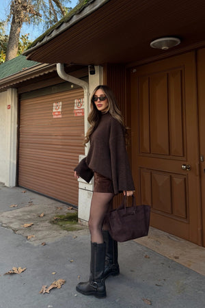 Kahverengi Fitilli Oversize Kazak - 26808