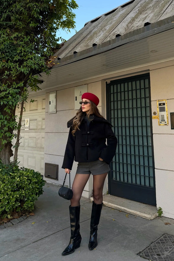 Siyah Düğme Detaylı Kısa Kaşe Ceket - 7675