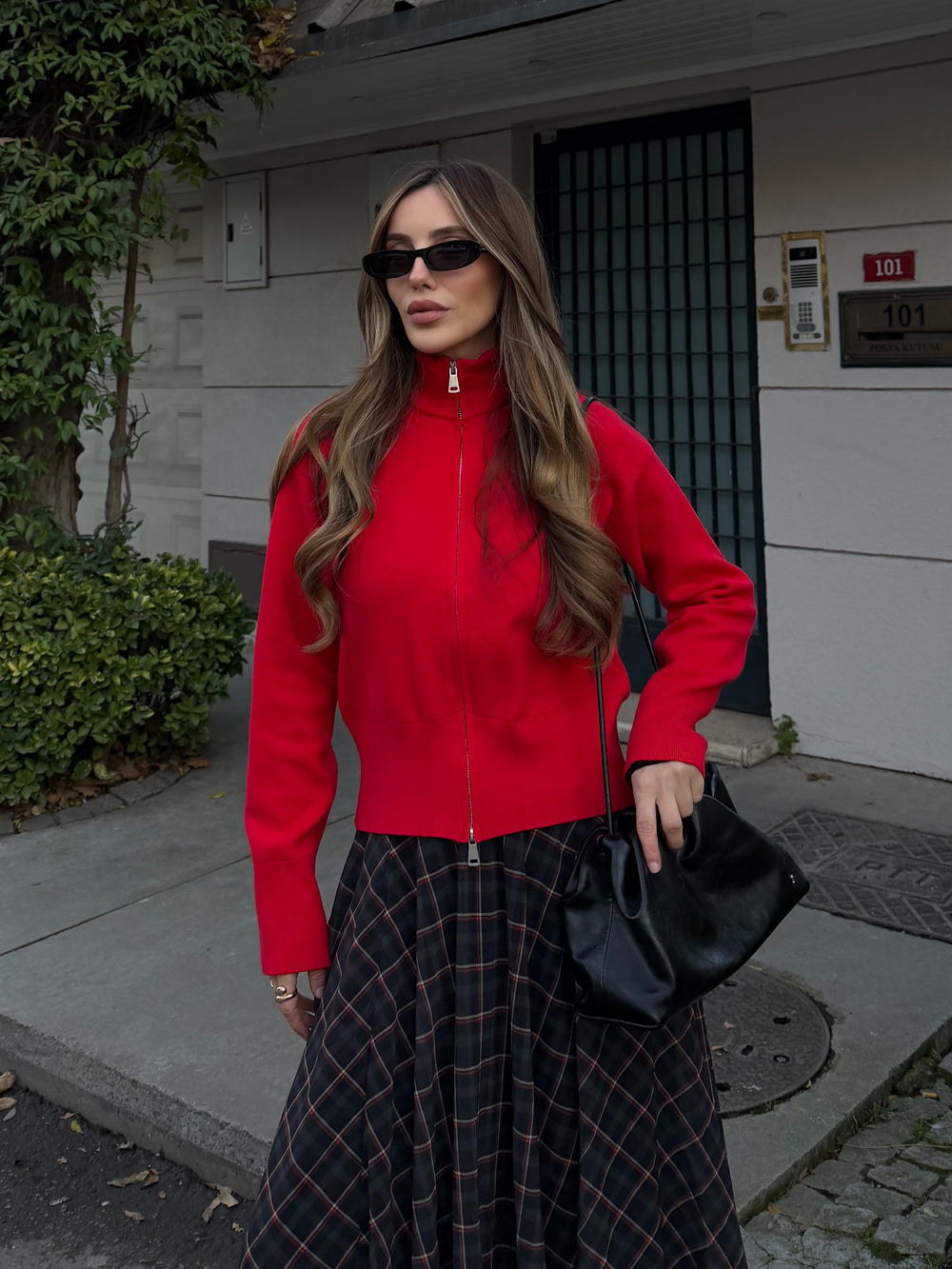 Kırmızı %100 Pamuk Çift Fermuarlı Hırka - 0657