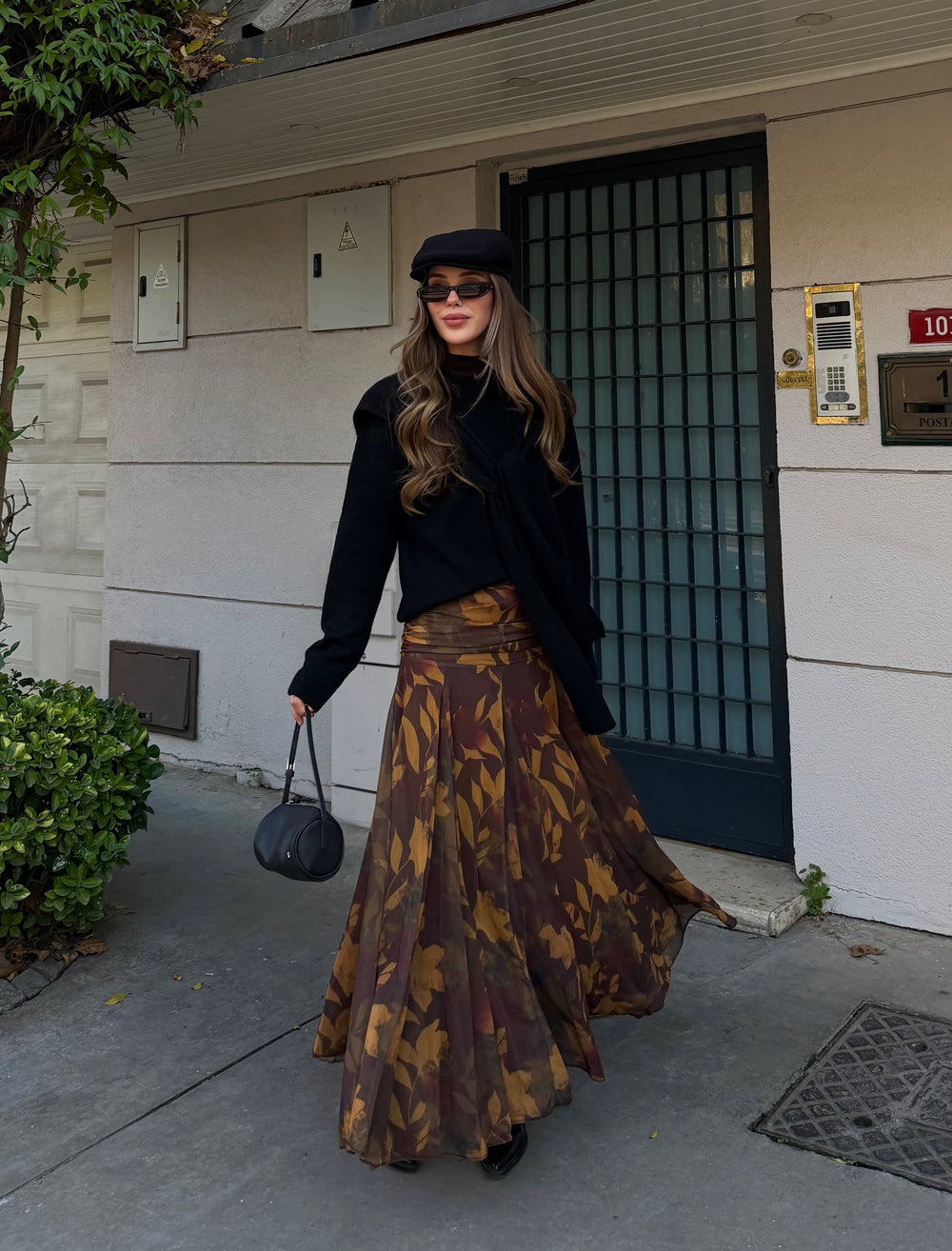 Haki - Sarı Yaprak Desenli Etek - 251101