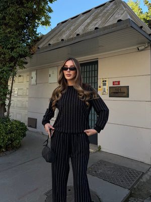 Siyah Taşlı Bluz Pantolon Takım - 0766