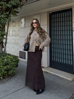 Kahverengi Kadife Çiçek Desenli Etek - 251134