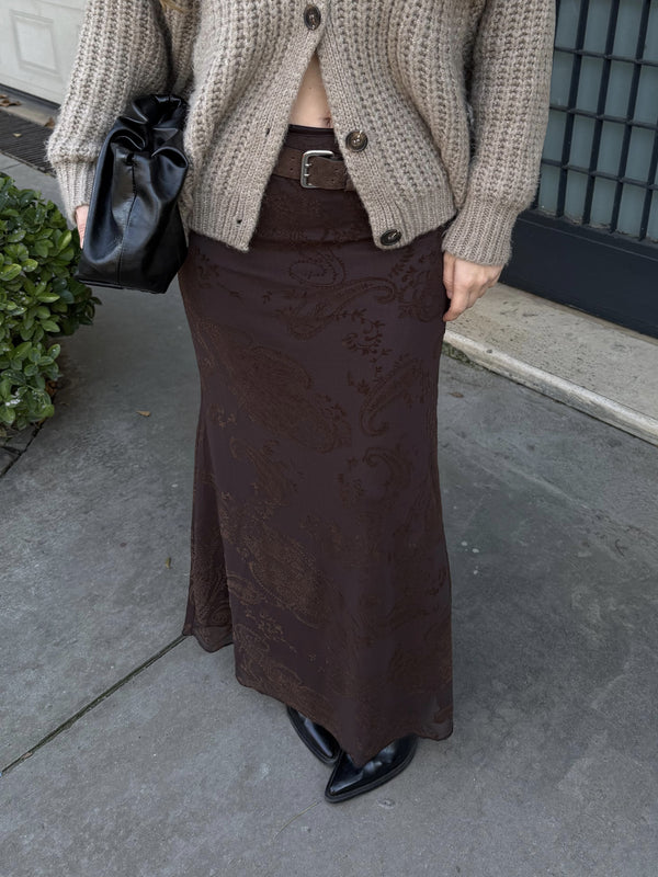 Kahverengi Kadife Çiçek Desenli Etek - 251134