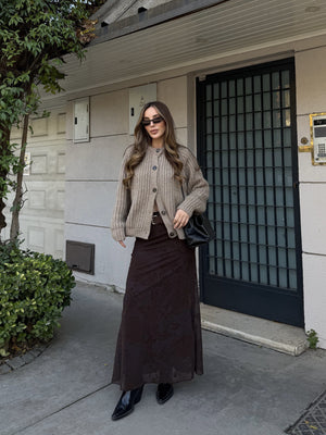 Kahverengi Kadife Çiçek Desenli Etek - 251134